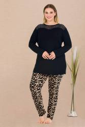 Kadın Siyah Büyük Beden Tunikli Pijama Takım, Üst Uzunkollu Düz Renk ve yırtmaçlı , Alt leopar Desenli, Viskon Kumaş - Thumbnail