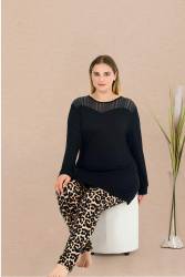 Kadın Siyah Büyük Beden Tunikli Pijama Takım, Üst Uzunkollu Düz Renk ve yırtmaçlı , Alt leopar Desenli, Viskon Kumaş - Thumbnail