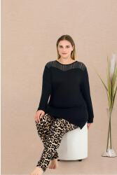 Kadın Siyah Büyük Beden Tunikli Pijama Takım, Üst Uzunkollu Düz Renk ve yırtmaçlı , Alt leopar Desenli, Viskon Kumaş (1)