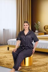 Kadın Siyah Çizgili Büyük Beden Kısakollu Saten Pijama Takım (1)