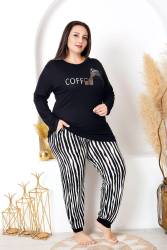 Kadın Siyah Çizgili Büyük Beden Pijama Takım, Üst Uzunkollu Baskılı, Alt Çizgili ve Dar Paçalı, Viskon Kumaş - Thumbnail