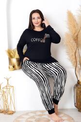 Kadın Siyah Çizgili Büyük Beden Pijama Takım, Üst Uzunkollu Baskılı, Alt Çizgili ve Dar Paçalı, Viskon Kumaş - 1