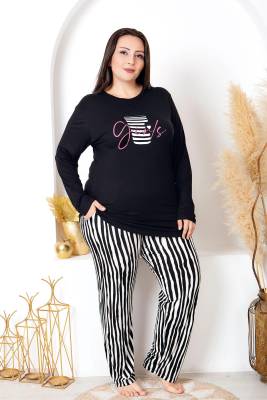 Kadın Siyah Çizgili Büyük Beden Pijama Takım, Üst Uzunkollu Baskılı, Alt Çizgili ve Düz Paçalı, Viskon Kumaş - 1