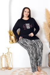 Kadın Siyah Çizgili Büyük Beden Pijama Takım, Üst Uzunkollu Baskılı, Alt Çizgili ve Düz Paçalı, Viskon Kumaş - Thumbnail