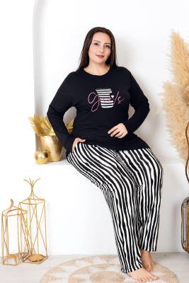 Kadın Siyah Çizgili Büyük Beden Pijama Takım, Üst Uzunkollu Baskılı, Alt Çizgili ve Düz Paçalı, Viskon Kumaş - 2