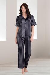 Kadın Siyah Çizgili Kısakol Saten Düğmeli Gömlek Pijama Takım