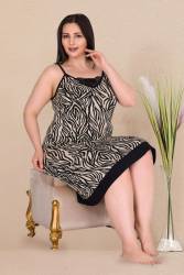 Kadın Siyah Desenli Askılı Büyük Beden Gecelik, viskon kumaş - Thumbnail