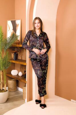 Kadın Siyah Desenli Saten Düğmeli Gömlek Pijama Takım - 1
