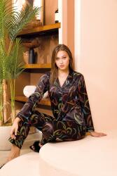 Kadın Siyah Desenli Saten Düğmeli Gömlek Pijama Takım (1)