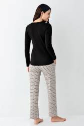 Kadın Siyah Düğmeli Uzunkol Mevsimlik Pijama Takım, %50 pamuk %50 modal - 4