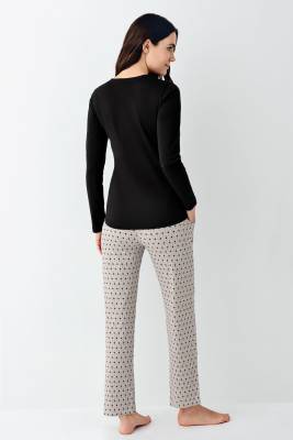 Kadın Siyah Düğmeli Uzunkol Mevsimlik Pijama Takım, %50 pamuk %50 modal - 4