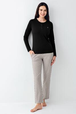 Kadın Siyah Düğmeli Uzunkol Mevsimlik Pijama Takım, %50 pamuk %50 modal - 2