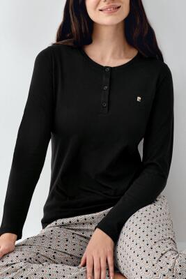 Kadın Siyah Düğmeli Uzunkol Mevsimlik Pijama Takım, %50 pamuk %50 modal - 3