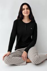 Kadın Siyah Düğmeli Bisiklet Yaka Uzunkol Mevsimlik Pijama Takım, %50 pamuk %50 modal - Thumbnail