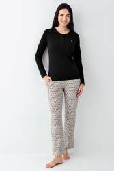 Kadın Siyah Düğmeli Bisiklet Yaka Uzunkol Mevsimlik Pijama Takım, %50 pamuk %50 modal - Thumbnail