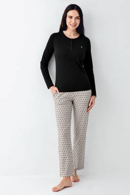 Pierre Cardin - Kadın Siyah Düğmeli Bisiklet Yaka Uzunkol Mevsimlik Pijama Takım, %50 pamuk %50 modal (1)