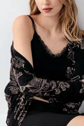 Kadın Siyah Gecelik Sabahlık Takım, %50 Pamuk %50 Modal - Thumbnail