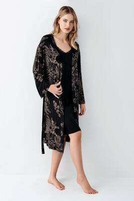 Kadın Siyah Gecelik Sabahlık Takım, %50 Pamuk %50 Modal - 2
