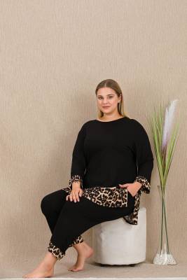 REN - Kadın Siyah Leopar Desen Büyük Beden Tunik Pijama Takım, Viskon kumaş