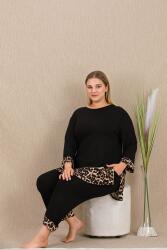 Kadın Siyah Leopar Desen Büyük Beden Tunik Pijama Takım, Viskon kumaş