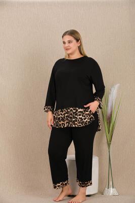 Kadın Siyah Leopar Desen Büyük Beden Tunik Pijama Takım, Viskon kumaş - 2