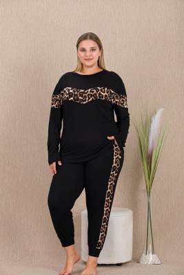 REN - Kadın Siyah Leopar Detay Büyük Beden Pijama Takım, Uzunkollu, cepli, Dar Paçalı , viskon Kumaş