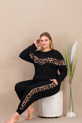 REN - Kadın Siyah Leopar Detay Büyük Beden Pijama Takım, Uzunkollu, cepli, Dar Paçalı , viskon Kumaş (1)