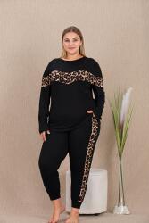 Kadın Siyah Leopar Detay Büyük Beden Pijama Takım, Uzunkollu, cepli, Dar Paçalı , viskon Kumaş - 1