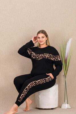 Kadın Siyah Leopar Detay Büyük Beden Pijama Takım, Uzunkollu, cepli, Dar Paçalı , viskon Kumaş - 2