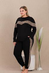 Kadın Siyah Leopar Detay Büyük Beden Pijama Takım, Uzunkollu, cepli, Dar Paçalı , viskon Kumaş - Thumbnail