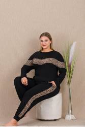 Kadın Siyah Leopar Detay Büyük Beden Pijama Takım, Uzunkollu, cepli, Dar Paçalı , viskon Kumaş - Thumbnail