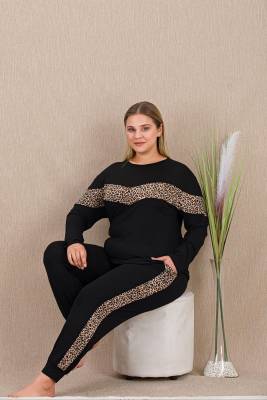 REN - Kadın Siyah Leopar Detay Büyük Beden Pijama Takım, Uzunkollu, cepli, Dar Paçalı , viskon Kumaş (1)