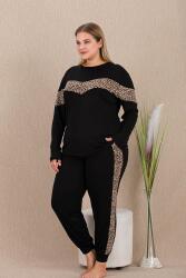 Kadın Siyah Leopar Detay Büyük Beden Pijama Takım, Uzunkollu, cepli, Dar Paçalı , viskon Kumaş - 1
