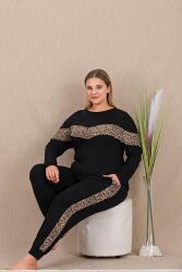 Kadın Siyah Leopar Detay Büyük Beden Pijama Takım, Uzunkollu, cepli, Dar Paçalı , viskon Kumaş - 2