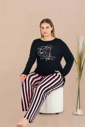 Kadın Siyah Pembe Çizgili Büyük Beden Pijama Takım, Üst Uzunkollu Baskılı, Alt Çizgili ve Düz Paçalı, Viskon Kumaş - Thumbnail