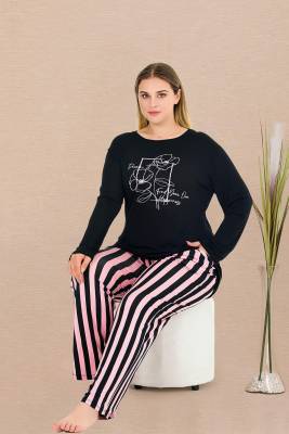 REN - Kadın Siyah Pembe Çizgili Büyük Beden Pijama Takım, Üst Uzunkollu Baskılı, Alt Çizgili ve Düz Paçalı, Viskon Kumaş