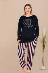 Kadın Siyah Pembe Çizgili Büyük Beden Pijama Takım, Üst Uzunkollu Baskılı, Alt Çizgili ve Düz Paçalı, Viskon Kumaş - Thumbnail