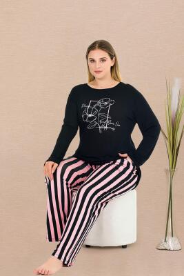 Kadın Siyah Pembe Çizgili Büyük Beden Pijama Takım, Üst Uzunkollu Baskılı, Alt Çizgili ve Düz Paçalı, Viskon Kumaş - 1