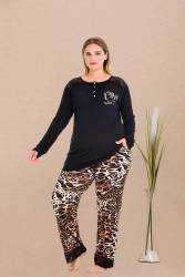 REN - Kadın Siyah Uzun Kollu Düğmeli Yaka Büyük Beden Pijama Takım, Alt Leopar Desenli ve Cepli, Viskon kumaş