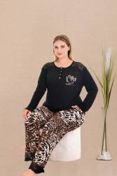 REN - Kadın Siyah Uzun Kollu Düğmeli Yaka Büyük Beden Pijama Takım, Alt Leopar Desenli ve Cepli, Viskon kumaş (1)