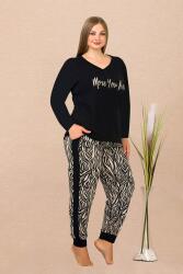 Kadın Siyah Uzun Kollu V Yaka Büyük Beden Pijama Takım, Üst Yazı Baskılı , Alt dar paça cepli ve zebra Desenli, Viskon Kumaş - 2