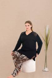 Kadın Siyah Uzun Kollu V Yaka Büyük Beden Tunik Pijama Takım, Alt Leopar Desenli, Viskon kumaş - Thumbnail