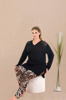 REN - Kadın Siyah Uzun Kollu V Yaka Büyük Beden Tunik Pijama Takım, Alt Leopar Desenli, Viskon kumaş (1)