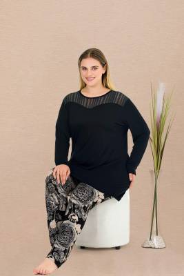 REN - Kadın Siyah Uzunkol Büyük Beden Tunikli Pijama Takım, Üst Uzunkollu Alt Çiçekli , Viskon Kumaş