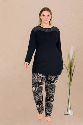 REN - Kadın Siyah Uzunkol Büyük Beden Tunikli Pijama Takım, Üst Uzunkollu Alt Çiçekli , Viskon Kumaş (1)