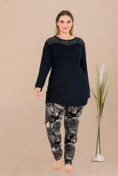 Kadın Siyah Uzunkol Büyük Beden Tunikli Pijama Takım, Üst Uzunkollu Alt Çiçekli , Viskon Kumaş - 2
