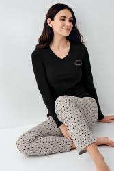 Kadın Siyah V Yaka Uzunkol Mevsimlik Pijama Takım, %50 pamuk %50 modal - Thumbnail