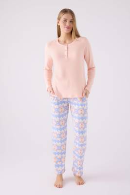 Arnetta - Kadın Somon Kışlık Termal Pijama Takım, İçi Şardonlu