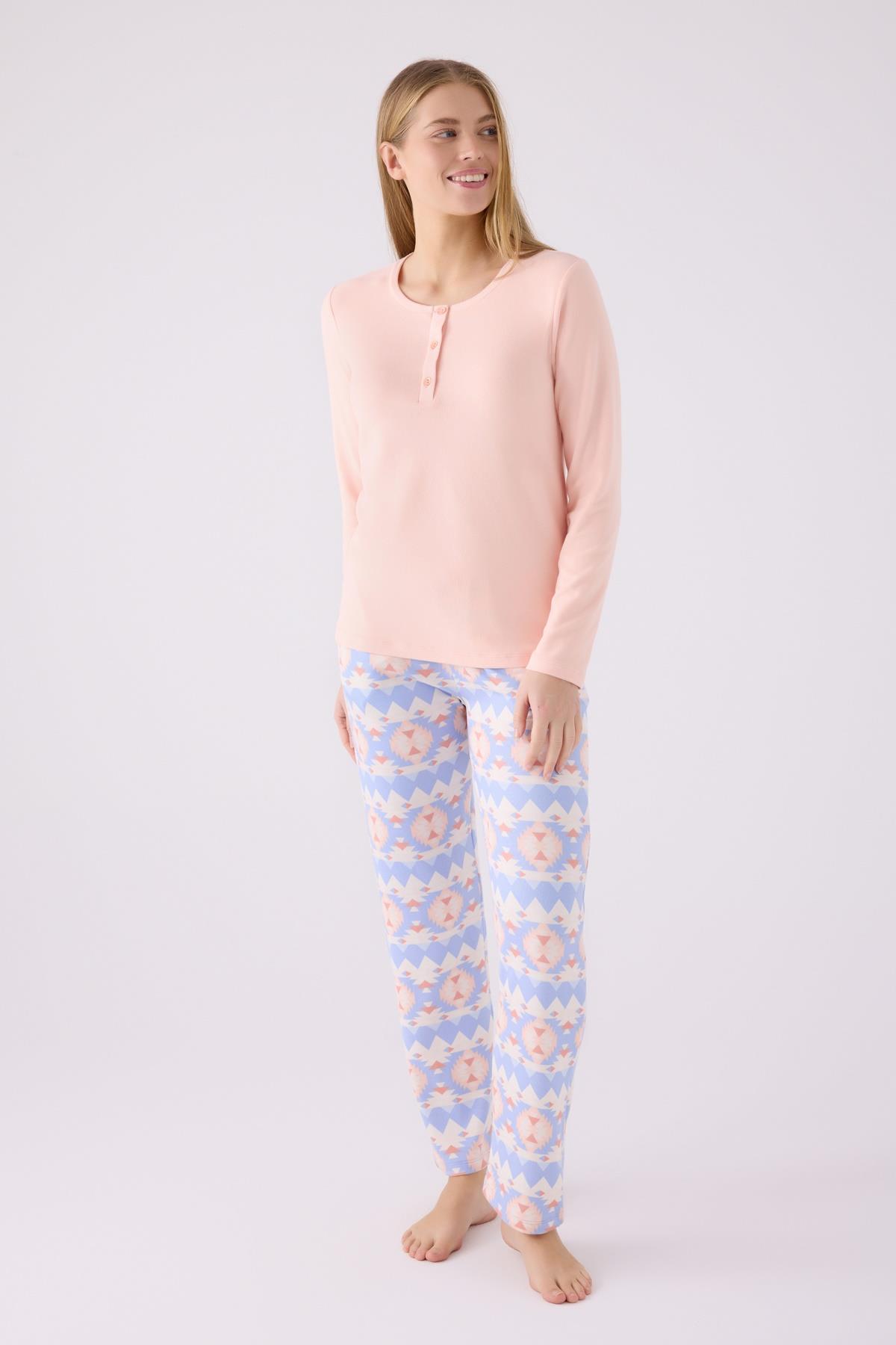 Kadın Somon Kışlık Termal Pijama Takım, İçi Şardonlu