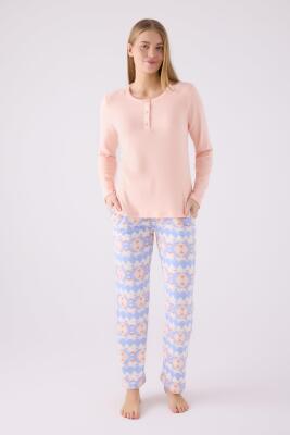 Kadın Somon Kışlık Termal Pijama Takım, İçi Şardonlu - 1